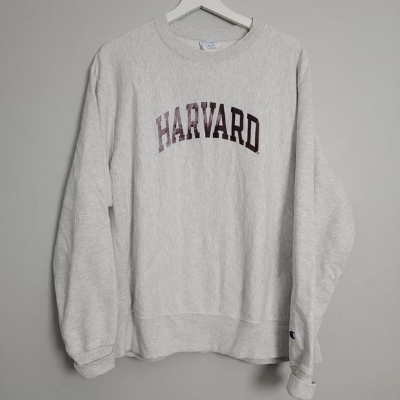 Champion Reverse Weave Crewneck Sweatshirt Harvard University Spellout Grey L - Picture 1 of 7